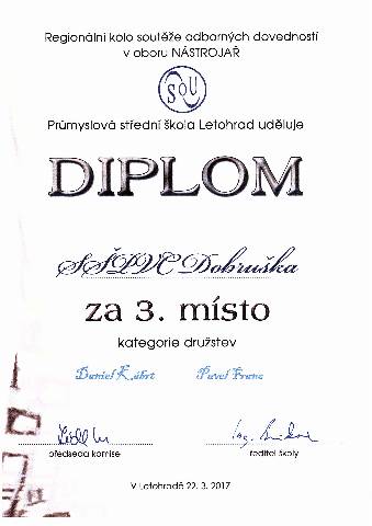 Diplom ze soutěže nástrojářů