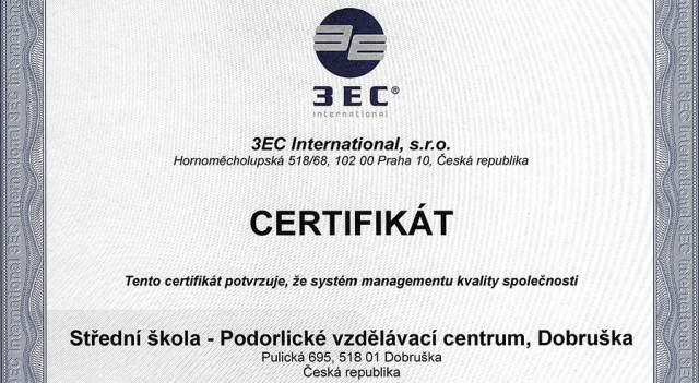 SŠ-PVC je držitelem Certifikátu ČSN EN ISO 9001