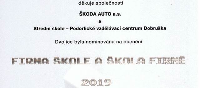 Obdrželi jsme poděkování „Firma škole a škola firmě“